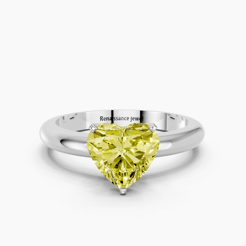 Silver Fancy Yellow Heart  Cut Solitaire Engagement Ring with Round Band and Four-Prong Setting