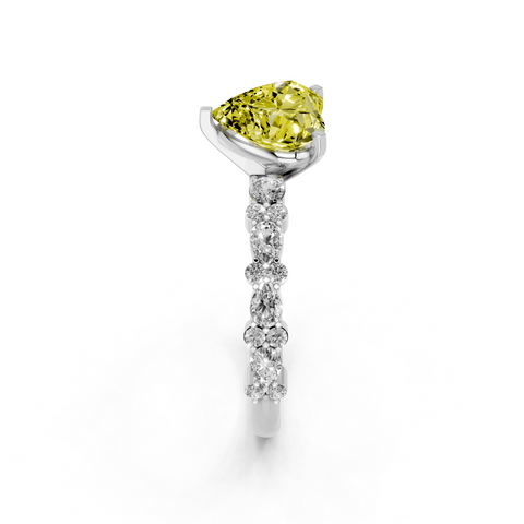 Silver Fancy Yellow Heart  Solitaire with Side Stones, Pave Band, Four-Prong Setting