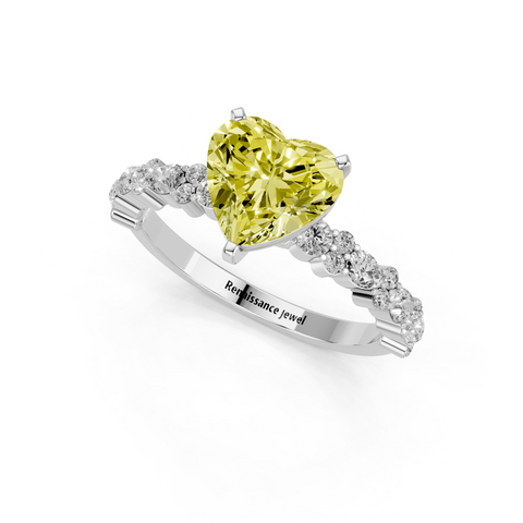 Silver Fancy Yellow Heart  Solitaire with Side Stones, Pave Band, Four-Prong Setting