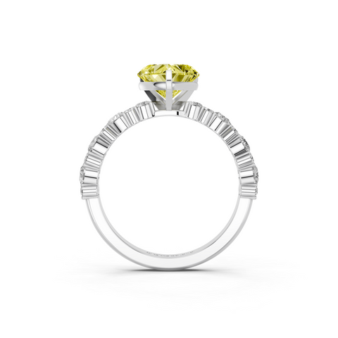 Silver Fancy Yellow Heart  Solitaire with Side Stones, Pave Band, Four-Prong Setting