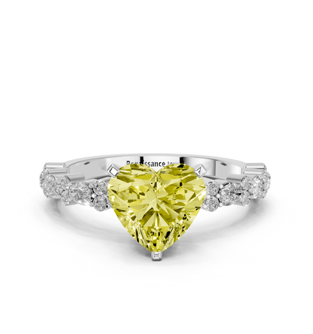 Platinum Fancy Yellow Heart  Solitaire with Side Stones, Pave Band, Four-Prong Setting