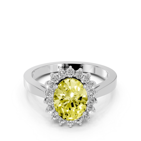 Silver Fancy Yellow Oval  Cut Diamond Halo Ring with Round Brilliant Halo and Solitaire Band