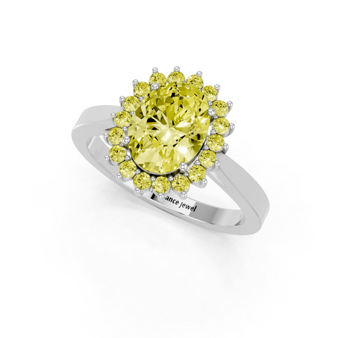 Platinum Fancy Yellow Oval  Cut Diamond Halo Ring with Round Brilliant Halo and Solitaire Band
