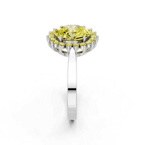 Silver Fancy Yellow Oval  Cut Diamond Halo Ring with Round Brilliant Halo and Solitaire Band