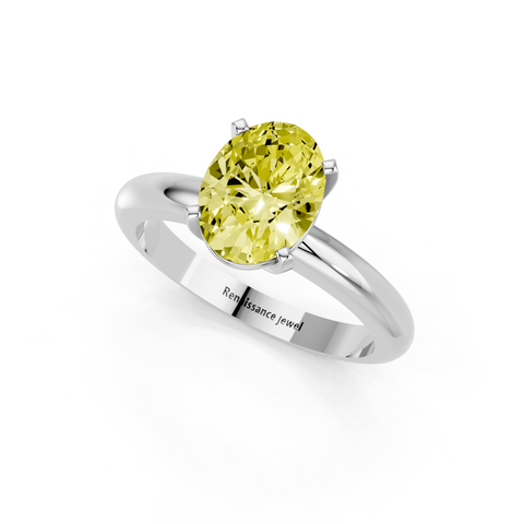 Silver Fancy Yellow Oval  Cut Solitaire Engagement Ring with Round Band and Four-Prong Setting