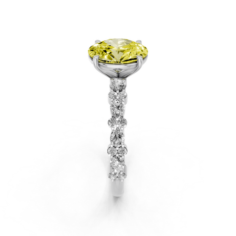 Platinum Fancy Yellow Oval  Solitaire with Side Stones, Pave Band, Four-Prong Setting