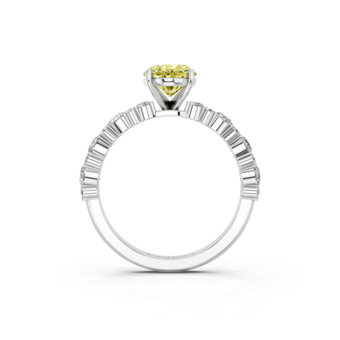 Silver Fancy Yellow Oval  Solitaire with Side Stones, Pave Band, Four-Prong Setting