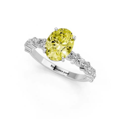White gold Fancy Yellow Oval  Solitaire with Side Stones, Pave Band, Four-Prong Setting