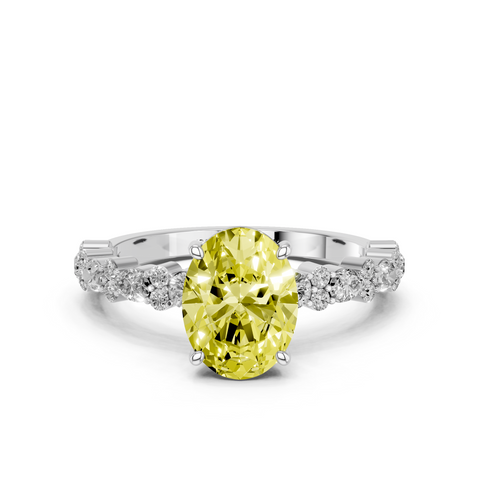 White gold Fancy Yellow Oval  Solitaire with Side Stones, Pave Band, Four-Prong Setting