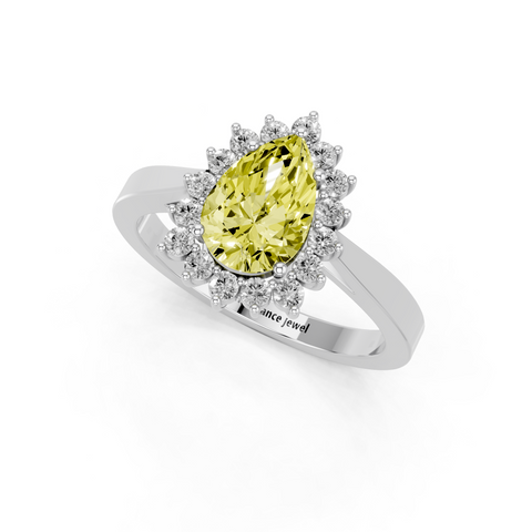 Platinum Fancy Yellow Pear  Cut Diamond Halo Ring with Round Brilliant Halo and Solitaire Band