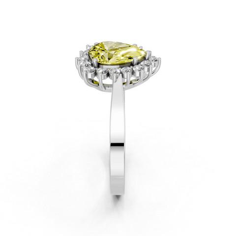 Platinum Fancy Yellow Pear  Cut Diamond Halo Ring with Round Brilliant Halo and Solitaire Band