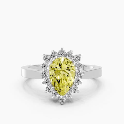 White gold Fancy Yellow Pear  Cut Diamond Halo Ring with Round Brilliant Halo and Solitaire Band