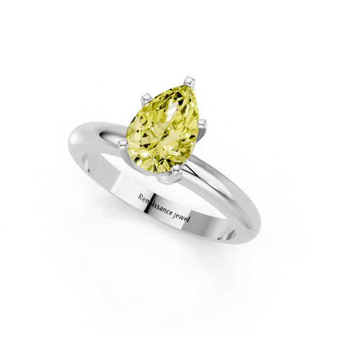 White gold Fancy Yellow Pear  Cut Solitaire Engagement Ring with Round Band and Four-Prong Setting