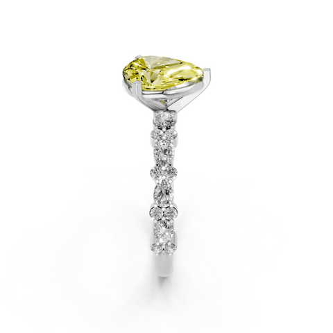 Platinum Fancy Yellow Pear  Solitaire with Side Stones, Pave Band, Four-Prong Setting