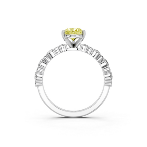 Silver Fancy Yellow Pear  Solitaire with Side Stones, Pave Band, Four-Prong Setting