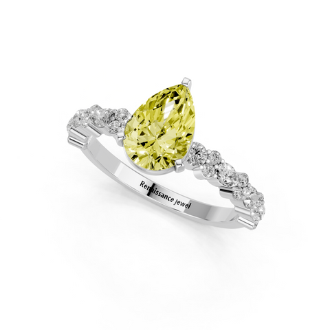 Platinum Fancy Yellow Pear  Solitaire with Side Stones, Pave Band, Four-Prong Setting