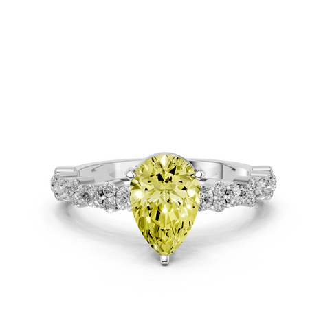White gold Fancy Yellow Pear  Solitaire with Side Stones, Pave Band, Four-Prong Setting