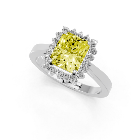 White gold Fancy Yellow Radiant  Cut Diamond Halo Ring with Round Brilliant Halo and Solitaire Band