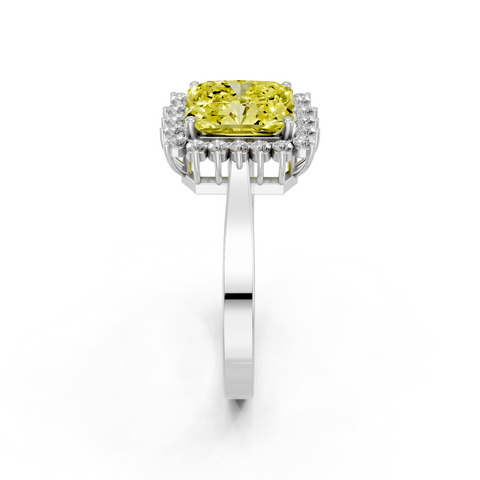 Platinum Fancy Yellow Radiant  Cut Diamond Halo Ring with Round Brilliant Halo and Solitaire Band