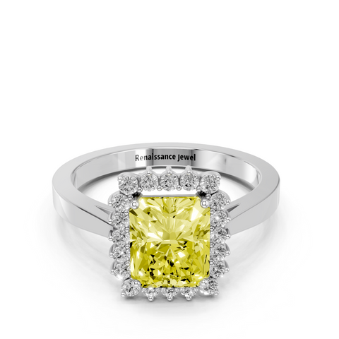 White gold Fancy Yellow Radiant  Cut Diamond Halo Ring with Round Brilliant Halo and Solitaire Band