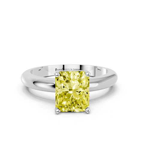 Platinum Fancy Yellow Radiant  Cut Solitaire Engagement Ring with Round Band and Four-Prong Setting