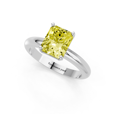 White gold Fancy Yellow Radiant  Cut Solitaire Engagement Ring with Round Band and Four-Prong Setting