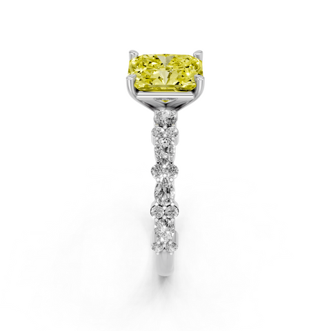 Silver Fancy Yellow Radiant  Solitaire with Side Stones, Pave Band, Four-Prong Setting