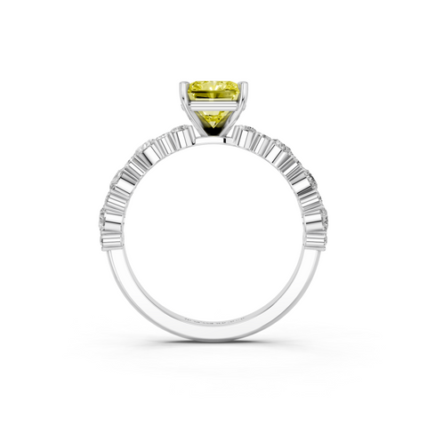 Platinum Fancy Yellow Radiant  Solitaire with Side Stones, Pave Band, Four-Prong Setting