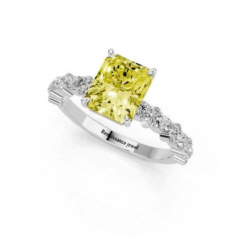 Platinum Fancy Yellow Radiant  Solitaire with Side Stones, Pave Band, Four-Prong Setting