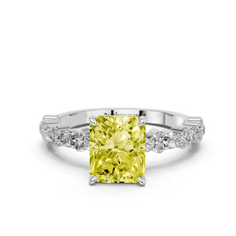 Silver Fancy Yellow Radiant  Solitaire with Side Stones, Pave Band, Four-Prong Setting