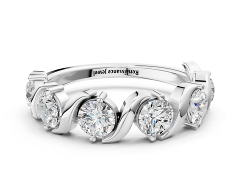 Platinum Five-Stone Round Diamond Wave Band with Shared Prong Setting