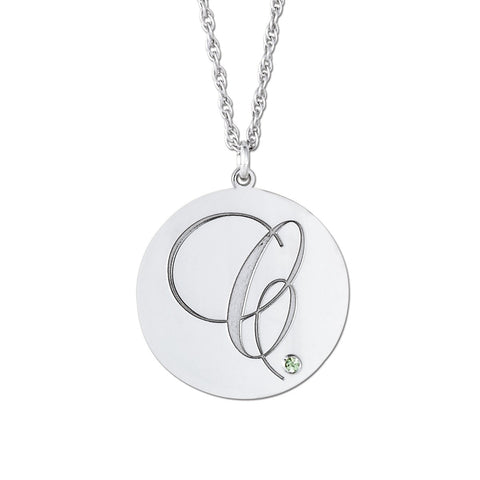 Silver Gold Script Initial Pendant with Round Gemstone Bezel Setting