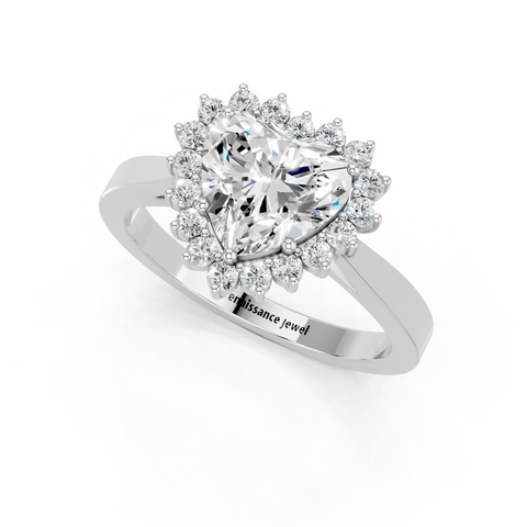 Platinum Heart Cut Diamond Pavé Band Solitaire Ring with Four-Prong Setting