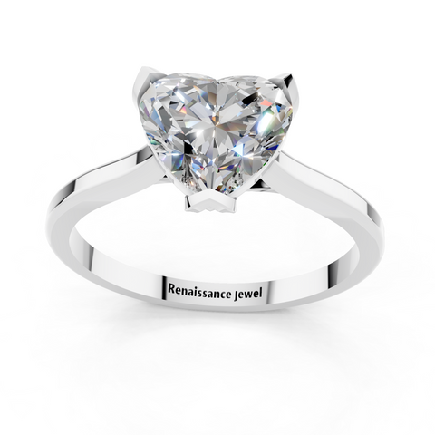 Platinum Heart Cut Solitaire Diamond Ring with Flower-Prong Setting and Classic Band