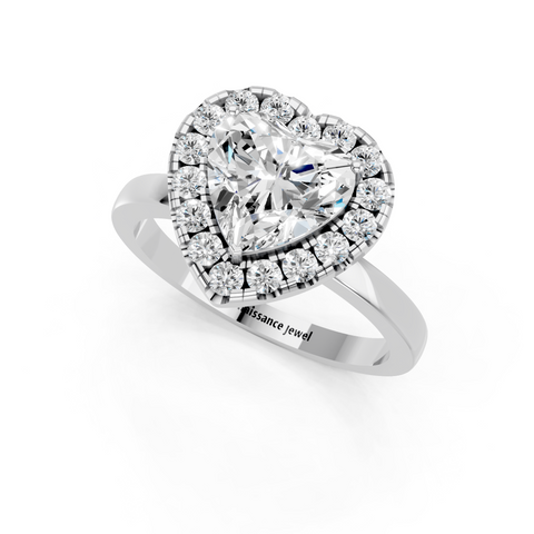 Silver Heart Halo Diamond Solitaire with Pavé Band and Four-Prong Setting