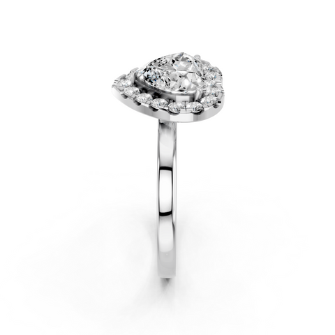 Silver Heart Halo Diamond Solitaire with Pavé Band and Four-Prong Setting