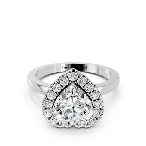 Silver Heart Halo Diamond Solitaire with Pavé Band and Four-Prong Setting