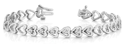 White gold Heart Link Diamond Tennis Bracelet with Round Cut Stones and Bezel Setting