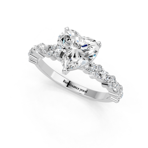 White gold Heart Solitaire with Side Stones, Pave Band, Four-Prong Setting