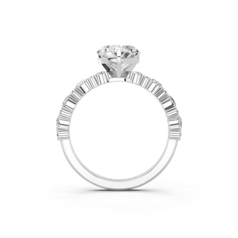White gold Heart Solitaire with Side Stones, Pave Band, Four-Prong Setting