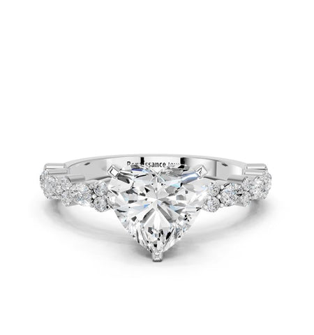 White gold Heart Solitaire with Side Stones, Pave Band, Four-Prong Setting