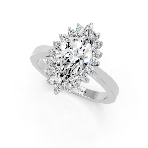 White gold Marquise Cut Diamond Pavé Band Solitaire Ring with Four-Prong Setting