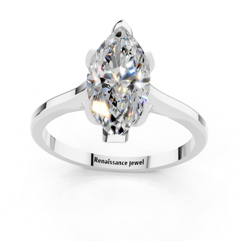 Platinum Marquise Cut Solitaire Diamond Ring with Flower-Prong Setting and Classic Band
