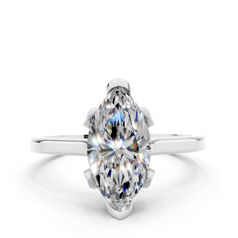 Platinum Marquise Cut Solitaire Diamond Ring with Flower-Prong Setting and Classic Band