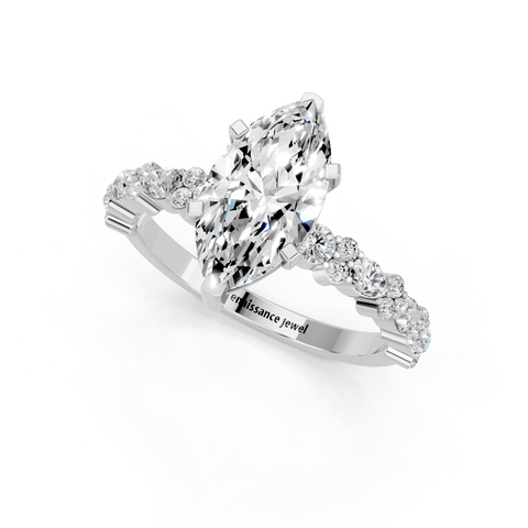 Platinum Marquise Solitaire with Side Stones, Pave Band, Four-Prong Setting