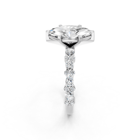 Platinum Marquise Solitaire with Side Stones, Pave Band, Four-Prong Setting