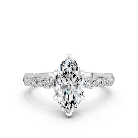 Platinum Marquise Solitaire with Side Stones, Pave Band, Four-Prong Setting