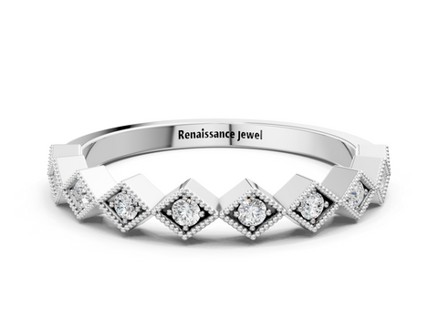 Platinum Milgrain Diamond Geometric Stackable Band with Round Cut Stones and Bezel Setting