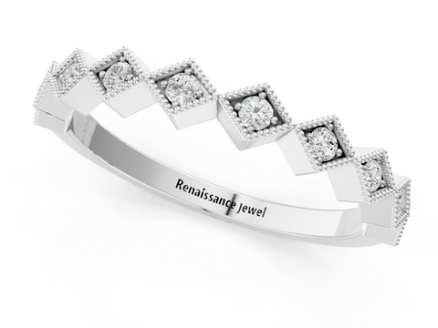 White gold Milgrain Diamond Geometric Stackable Band with Round Cut Stones and Bezel Setting