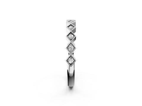 White gold Milgrain Diamond Geometric Stackable Band with Round Cut Stones and Bezel Setting